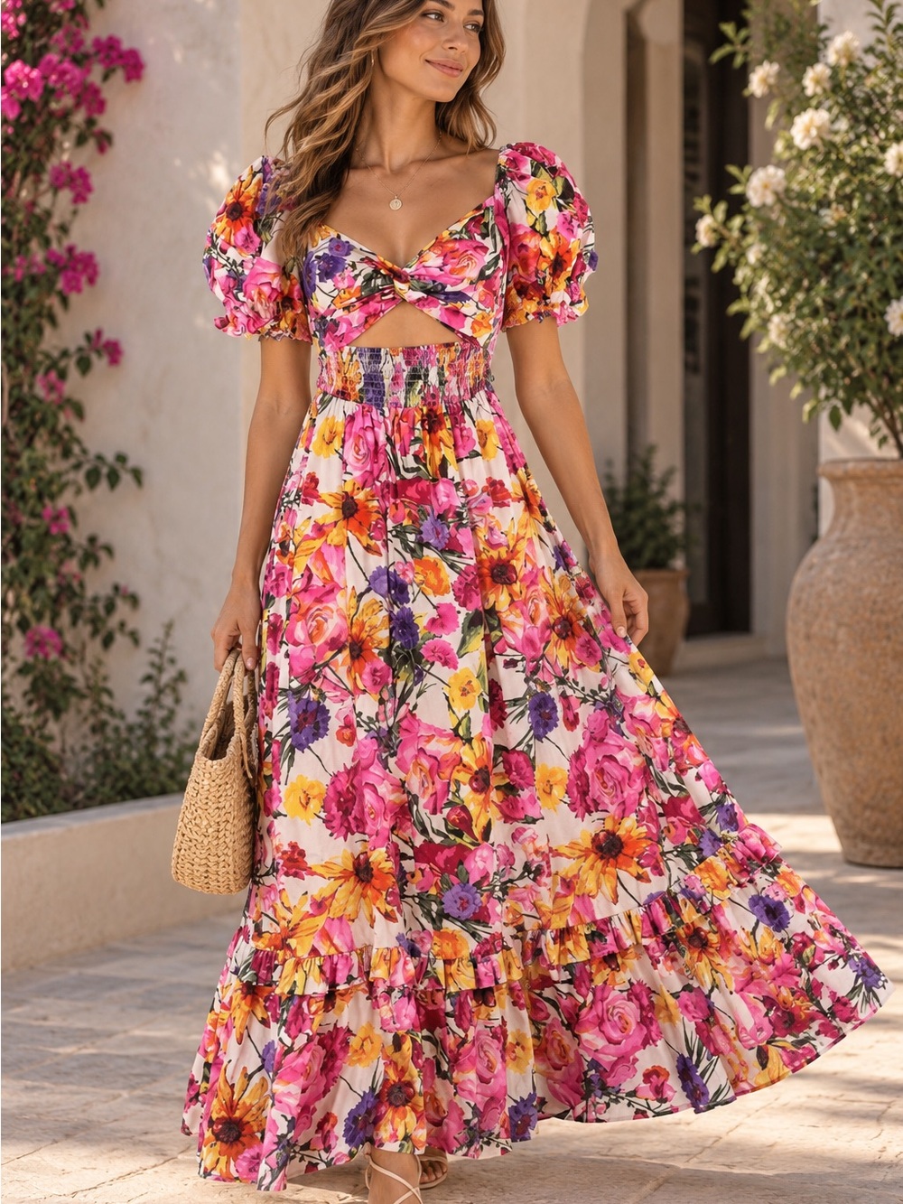 Buddy Love Pink & Yellow Floral Puff-Sleeve Maxi Dress